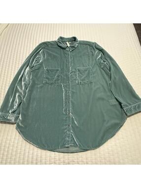 Anthropologie Pilcro Mara Relaxed Velvet Button Down Shirt Top Teal Blue Sz 20W